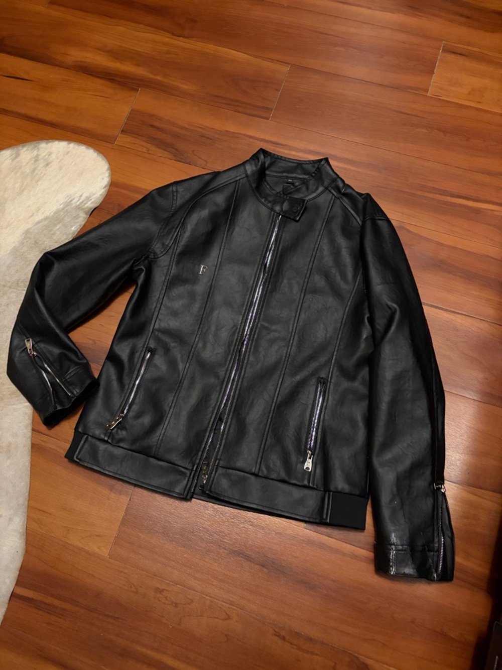 F Collections Men's Black Faux Leather Zip Motorcycle Jacket Sz XL
